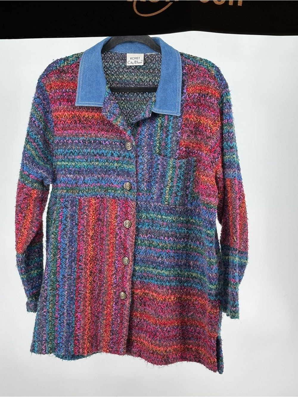 Koret Large Multicolor Rainbow Knit Button-Front Jacket with Denim Collar